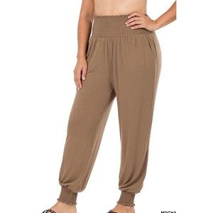 Zenana Plus Size Pants Womens Joggers Lounge Shirred Waist Mocha 1X 2X 3X